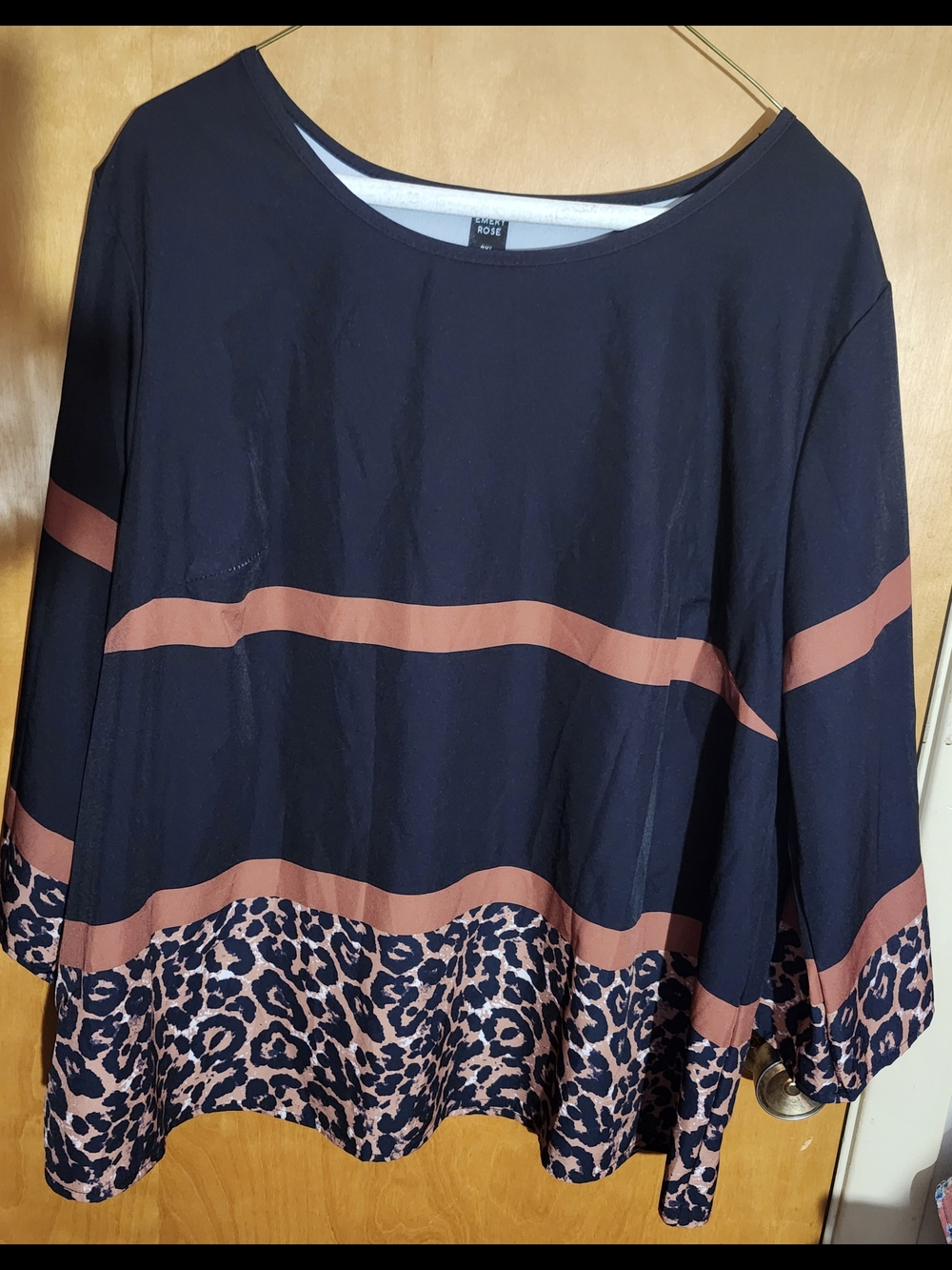 Emery Rose Women's Black Tunic with Brown Stripes and Leopard Hem